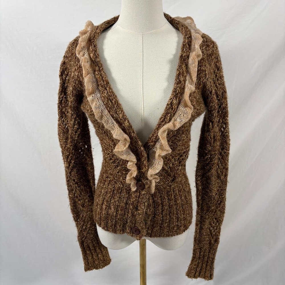 BKE brown cardigan beige ruffle trim button closure size medium y2k fairy grunge